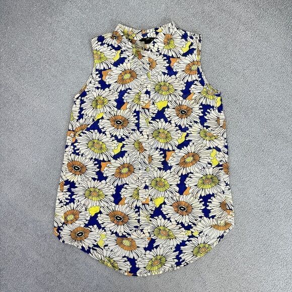 H&M Floral Chiffon Sleeveless Button Front Tunic Shirt Blue Cream Size 6 - Picture 10 of 10